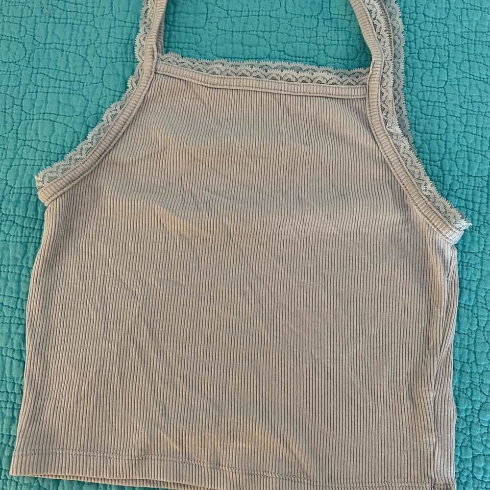 American Eagle Light Blue Ribbed Tank Top with Lace Trim